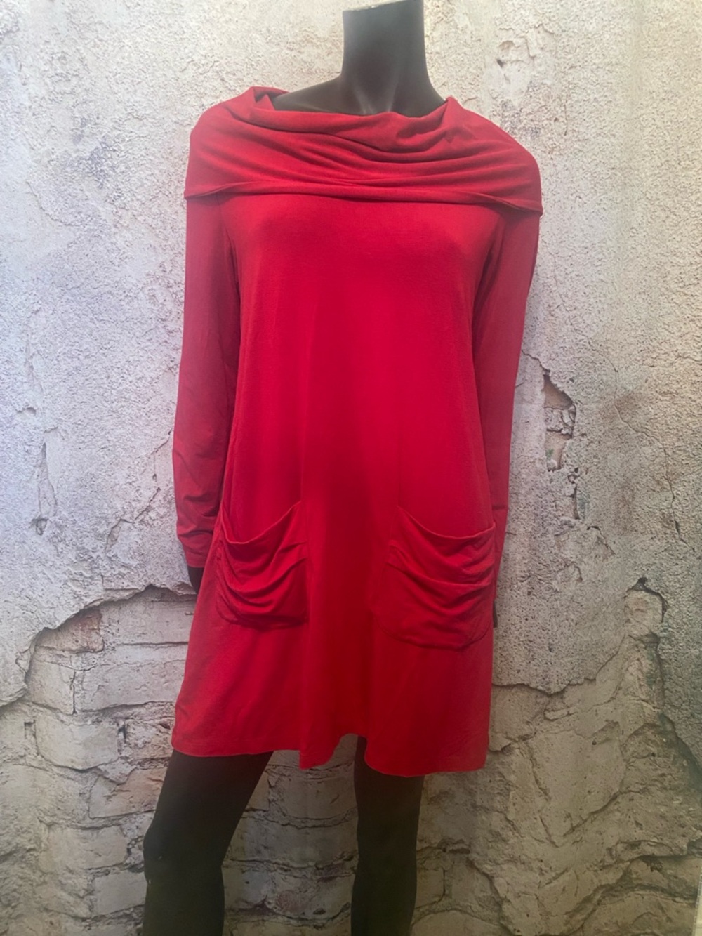 Miik Raspberry Draped Cowl Neck Long-Sleeve Tunic Dress